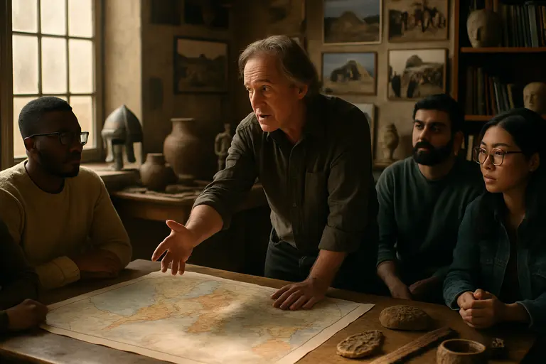 Archaeologist examining coin finds beside notes and measuring tools