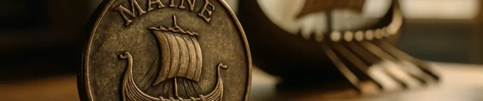 Maine Penny displayed as a small pierced silver coin on a neutral museum surface