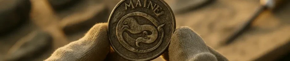 Maine Penny debate illustrated by a silver coin beside a coastal archaeology map