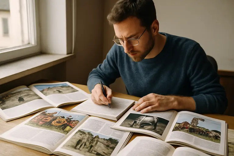 Medieval manuscript pages beside archaeological finds in a study room