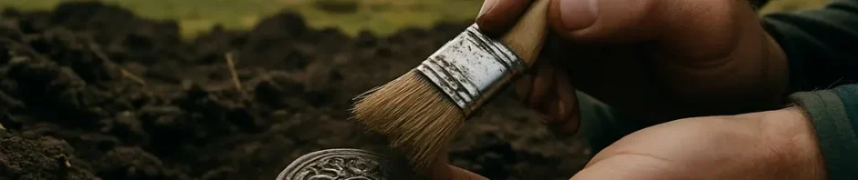 Norse identity artifacts displayed with coins and brooches in a museum case