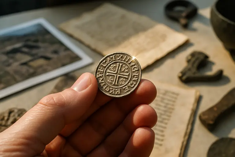 Perforated coin displayed with archaeological recording tools