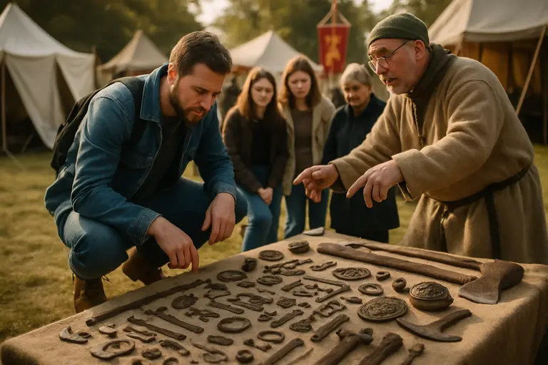 Heritage interpreter explaining handmade objects to visitors at a festival stall