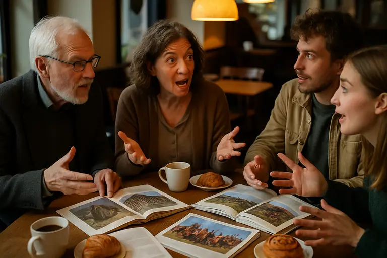Map, notebooks, and archival folders spread across a table