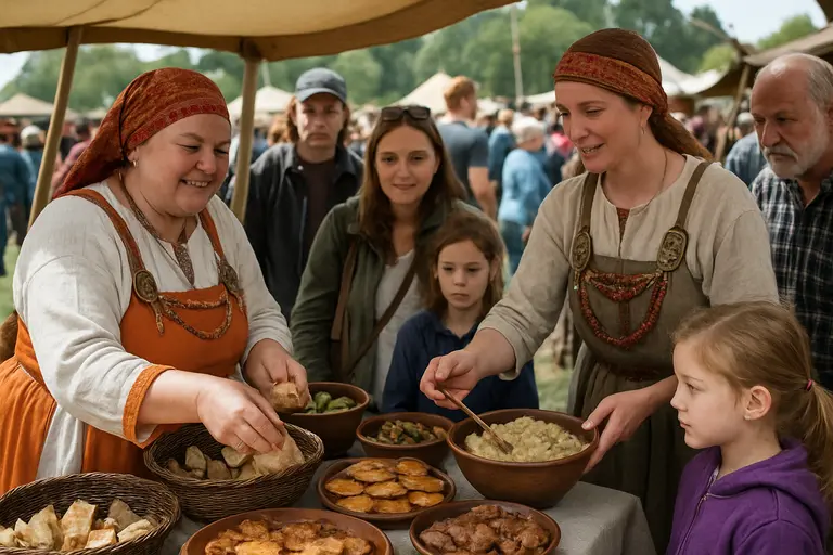 Community members gathered around folk costumes and food stalls