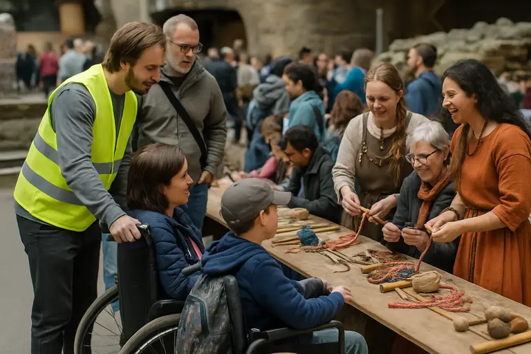 Visitors browsing craft and food tables at a public marketplace