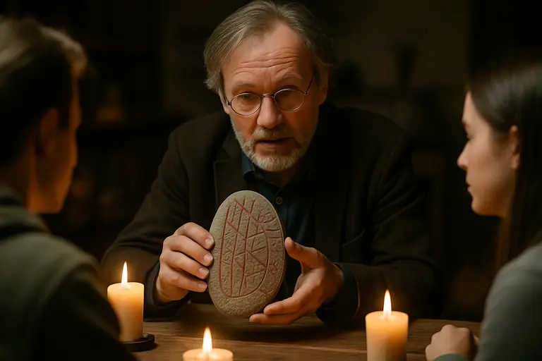 Small medieval wooden object with carved runes under soft light