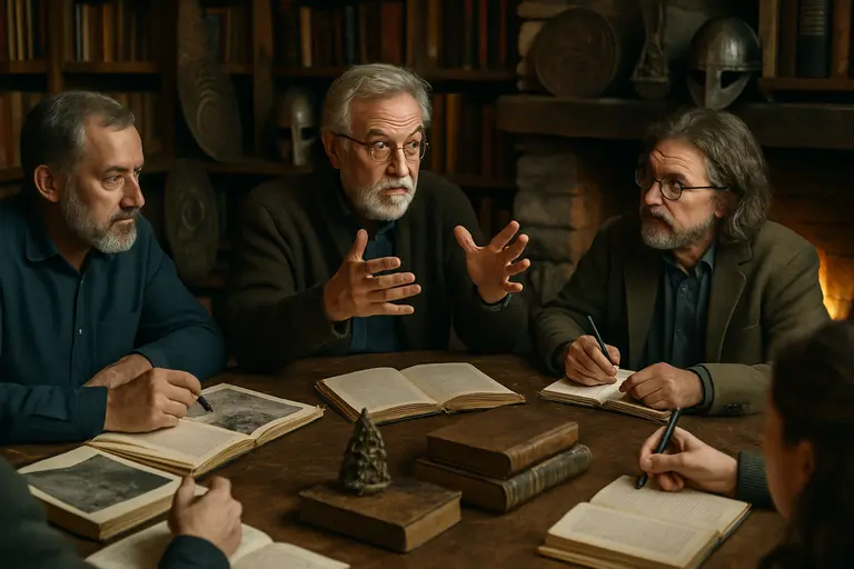 A scholar reading medieval texts beside notes on animals and mythic beings