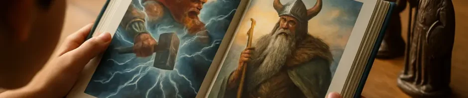 Complete Norse Myths hardcover beside a notebook and pencil on a reading table