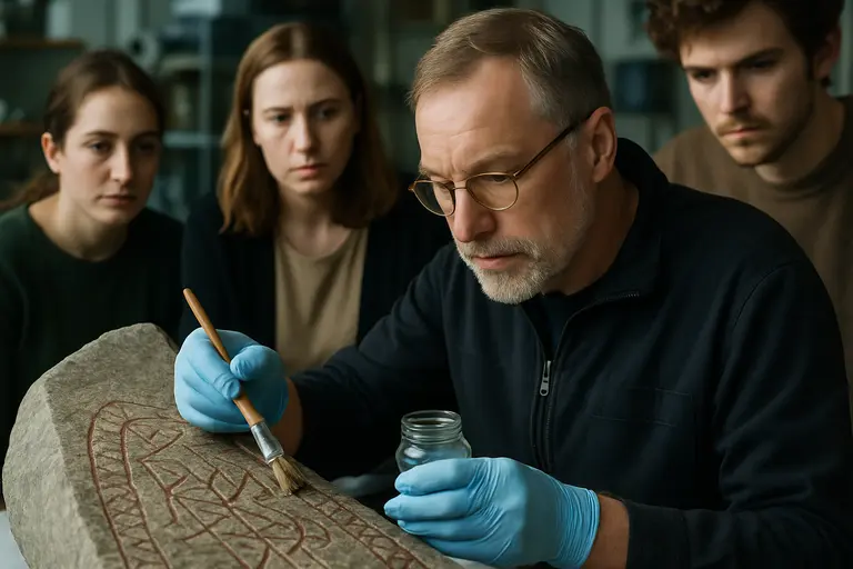 Conservator studying a fragile carved stone under controlled light