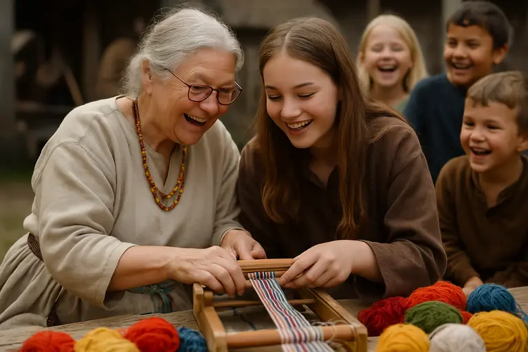Craft tables and visitors at an indoor Nordic heritage fair