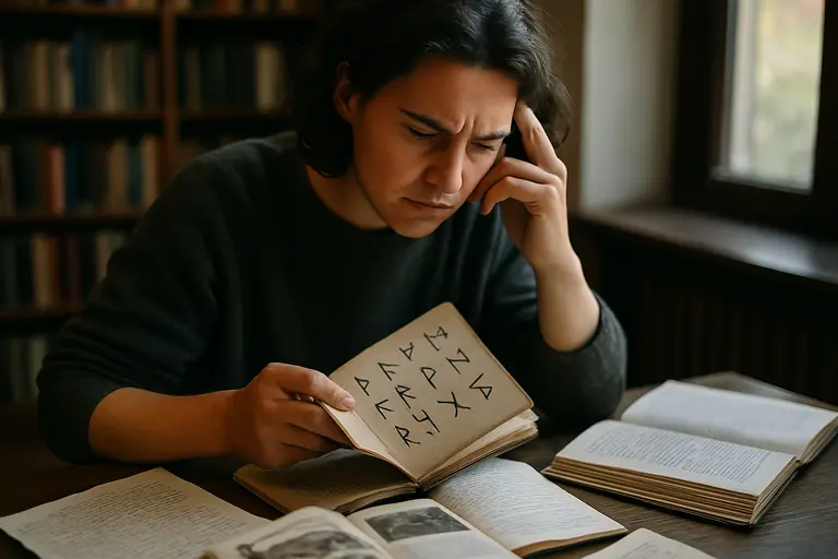 Museum visitor studying Norse-inspired designs and artifact labels