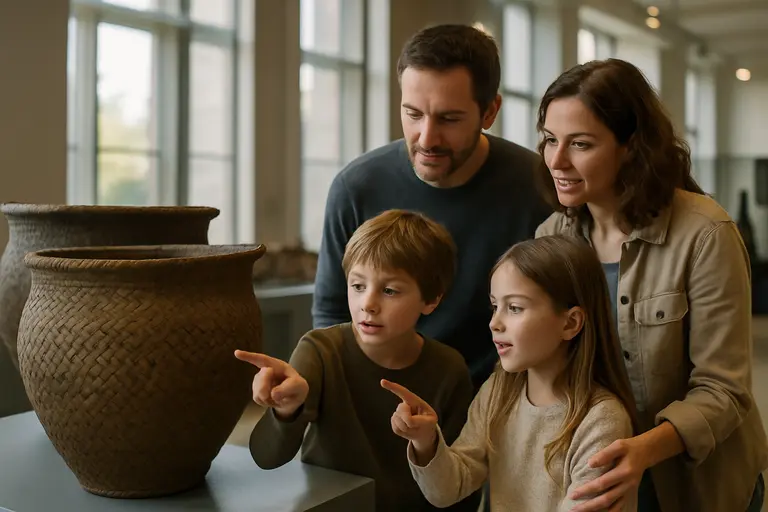 Visitors looking at craft objects in a museum exhibition space