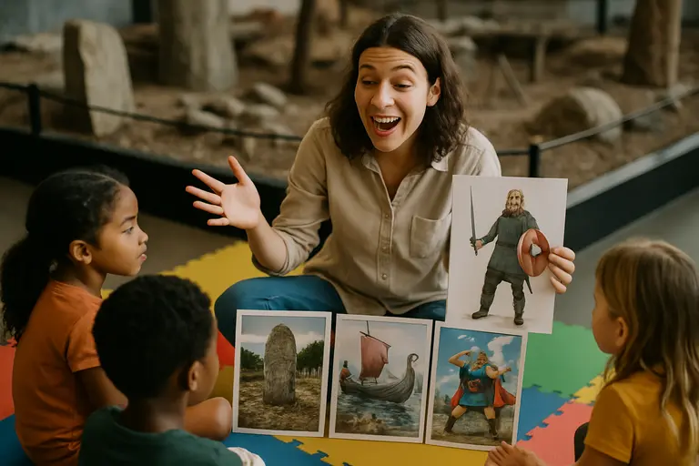Children seated near a museum educator with books and story objects