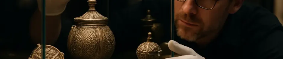 Galloway Hoard Exhibition objects displayed under low museum light