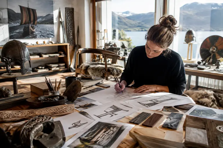 Nordic design objects arranged near a model ship in a gallery