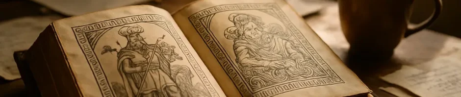 Norse myths book open beside notes on Eddic poems