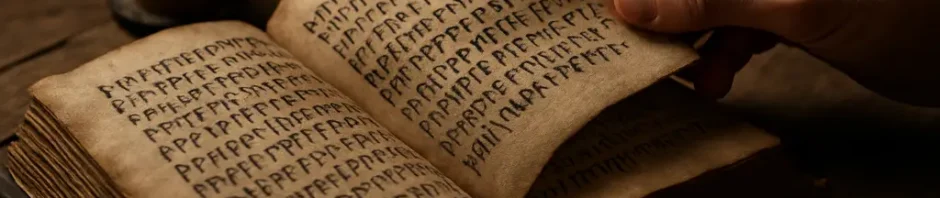 Old Norse manuscripts on a reading desk beside a small carved rune object