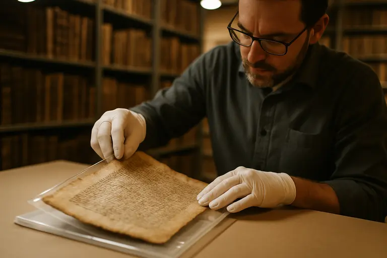 Open manuscript facsimile with notes and digital catalog data nearby