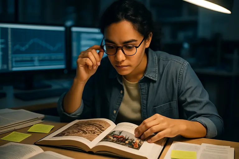Research books on Norse literature arranged with a laptop