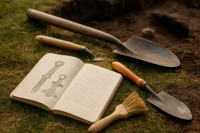 Research notes beside excavation tools on a grassy archaeological site