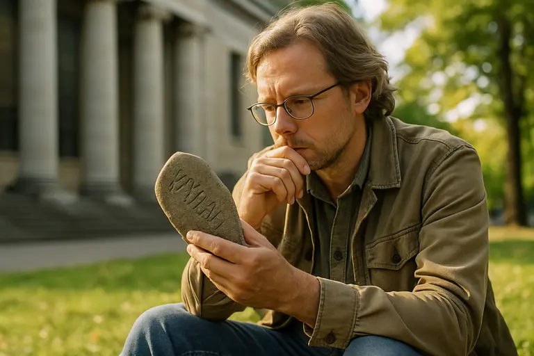 Researcher examining a manuscript fragment with a magnifying glass