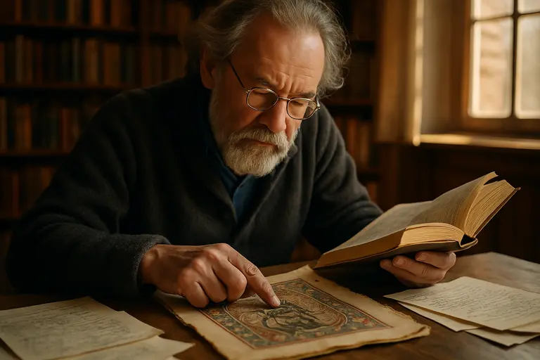 Scholar comparing printed edition with manuscript image on screen