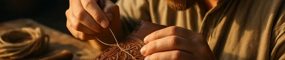 Viking Craftsmanship display with weaving tools, carved wood, and ironwork at a heritage festival